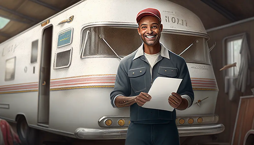 an RV mechanic with a checklist in front of an ugly RV trailer
